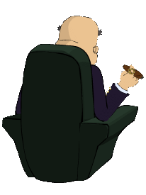 Image of Mr. Fister as he sits with his back turned and smoking a cigar from his chair.